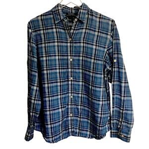 LRL 100% linen women’s Medium blue plaid long sleeve button up shirt, preppy